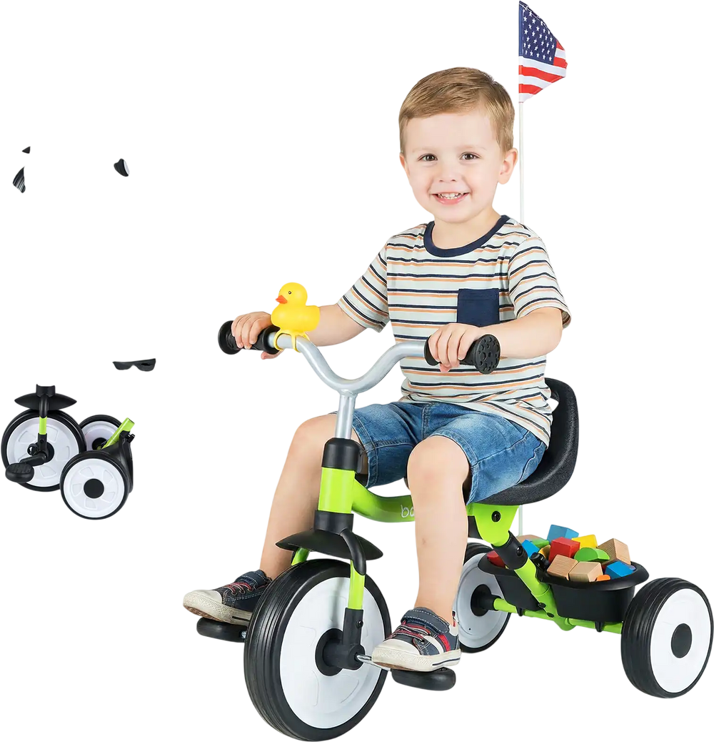 Toddler tricycle in green with glowing wheels, adjustable seat, and storage basket for indoor and outdoor fun.