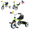 Toddler tricycle in green with glowing wheels, adjustable seat, and storage basket, perfect for indoor and outdoor fun.