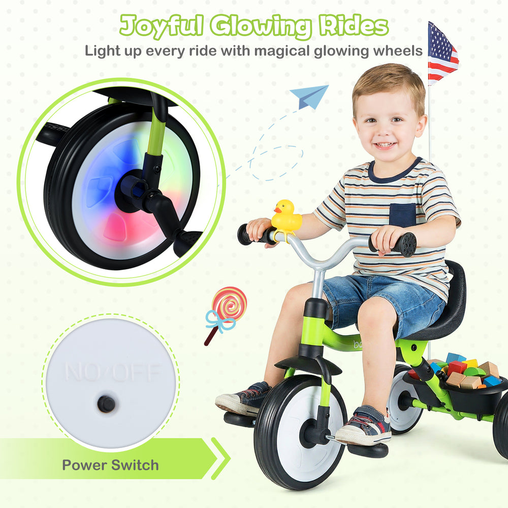 Toddler tricycle in green with glowing wheels, adjustable seat, and storage basket for safe, fun rides indoors and.