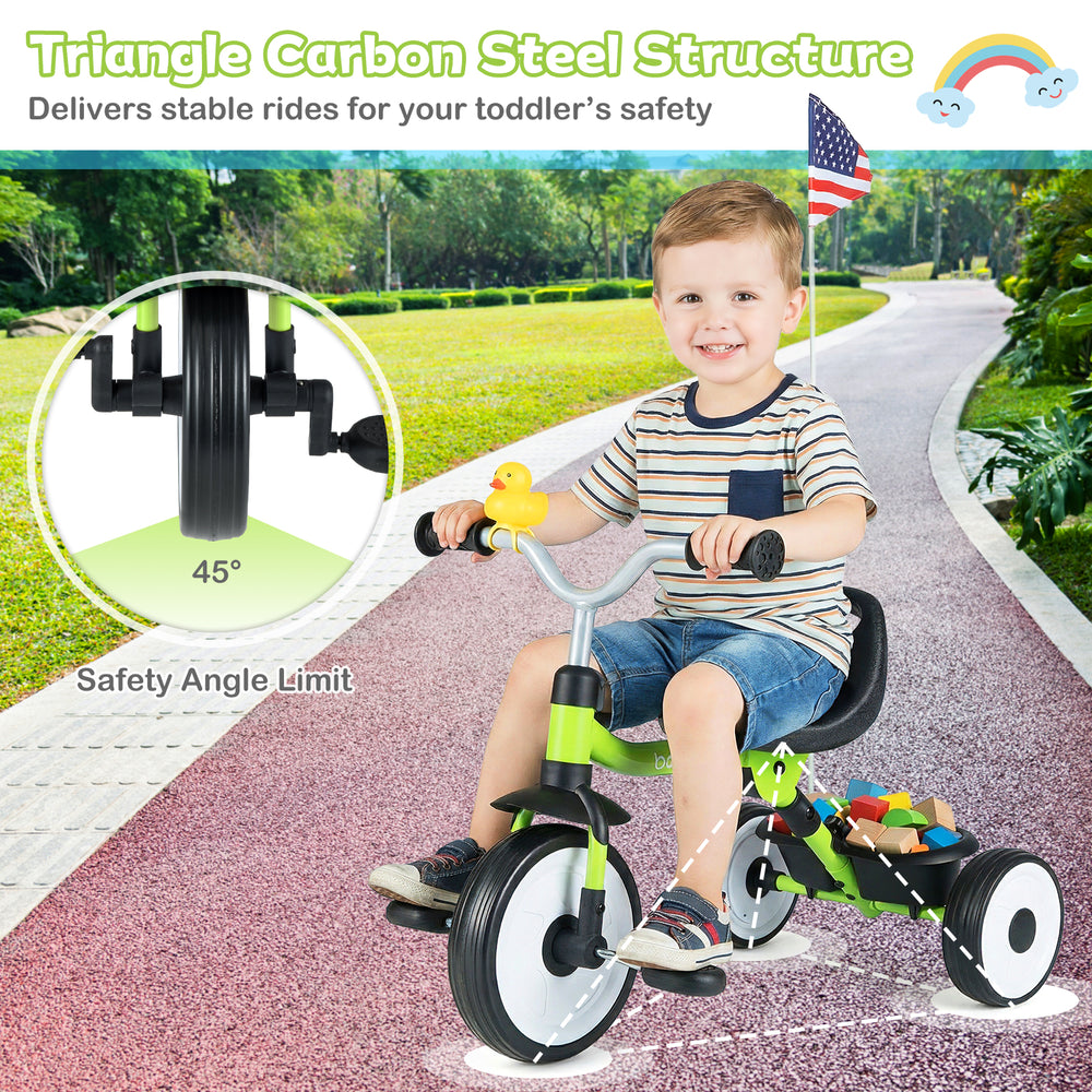 Toddler tricycle in green with glowing wheels, triangle carbon steel structure, and storage basket for safe rides.
