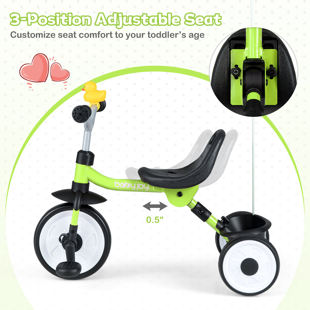 Toddler tricycle in green with a 3-position adjustable seat and storage basket, designed for safety and comfort.