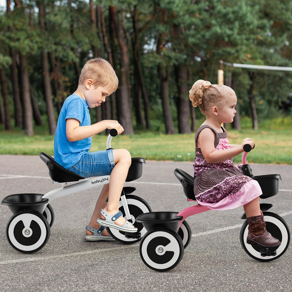Toddler tricycles in white with adjustable seats and storage baskets, ideal for kids aged 1.5-5 years, for outdoor fun.