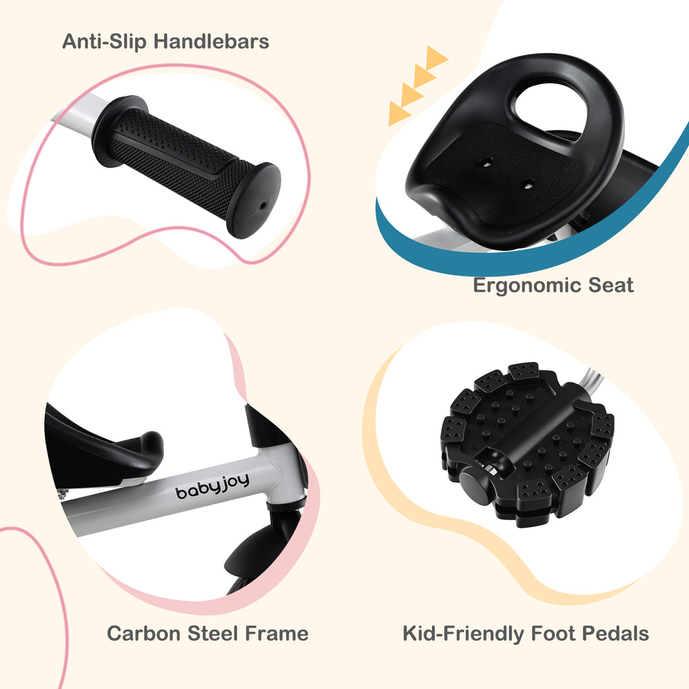 Ergonomic seat and anti-slip handlebars of the white toddler tricycle, designed for kids aged 1.5-5 years old.