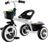 Toddler tricycle in white with adjustable seat and storage baskets, ideal for children aged 1.5-5 years old.