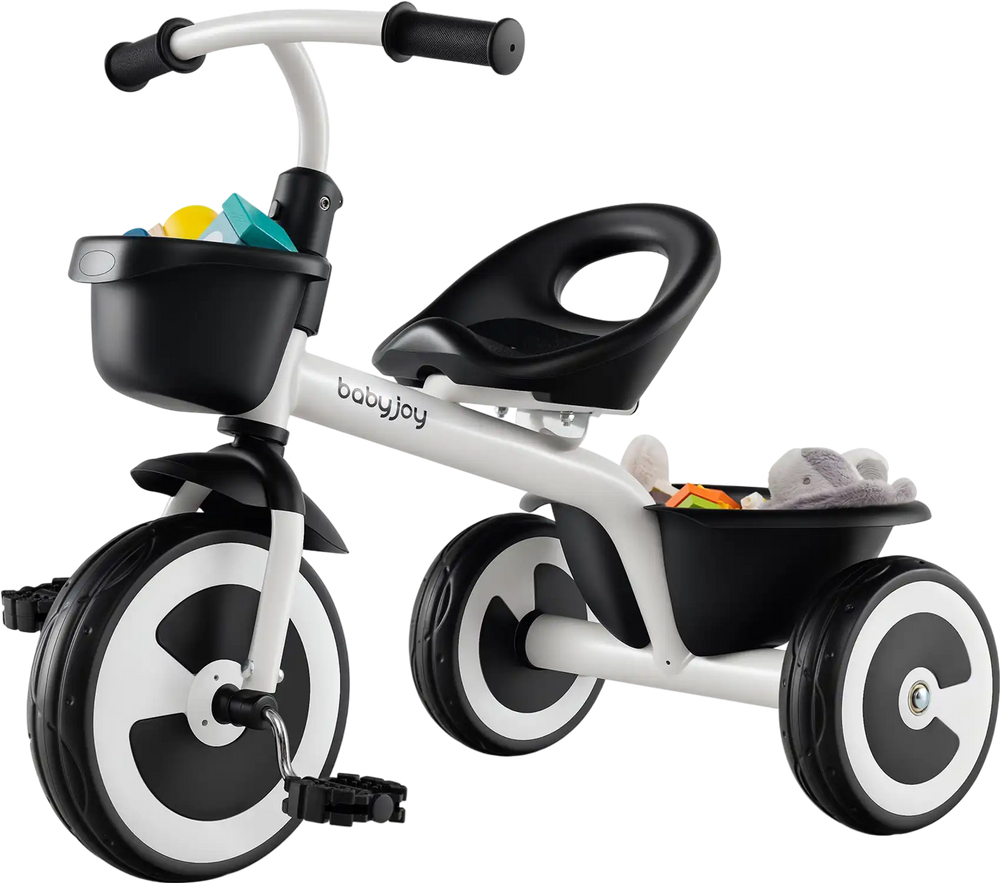Toddler tricycle in white with adjustable seat and storage baskets, ideal for children aged 1.5-5 years old.