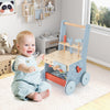 Toddler wooden push walker with activity center, featuring mini tools, shape sorters, and a stable 4-point base for.