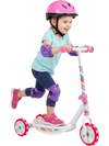 Toddler riding a pink kick scooter with LED light-up wheels and wide anti-slip deck for enhanced stability and safety.