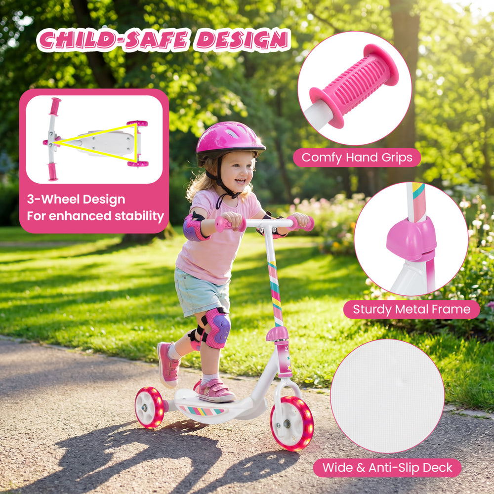 Toddlers kick scooter in pink with LED light-up wheels, wide anti-slip deck, and sturdy metal frame for stability.
