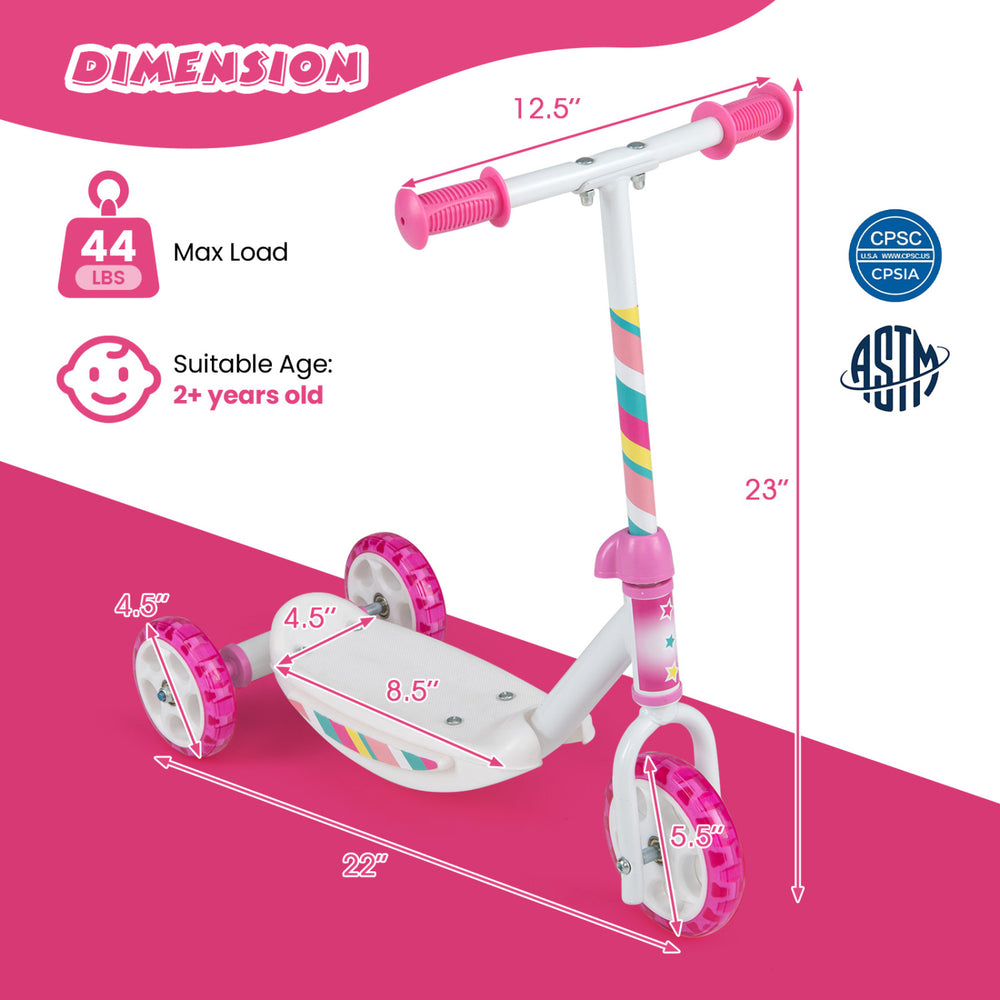 Pink toddlers kick scooter with LED light-up wheels, 3-wheel design, and wide anti-slip deck for stability and safety.