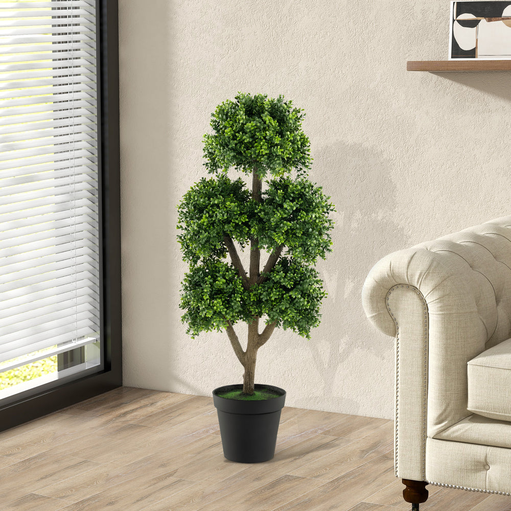 Artificial 45-inch boxwood topiary tree with lush PE leaves and a stable cement-filled base, ideal for home or office.