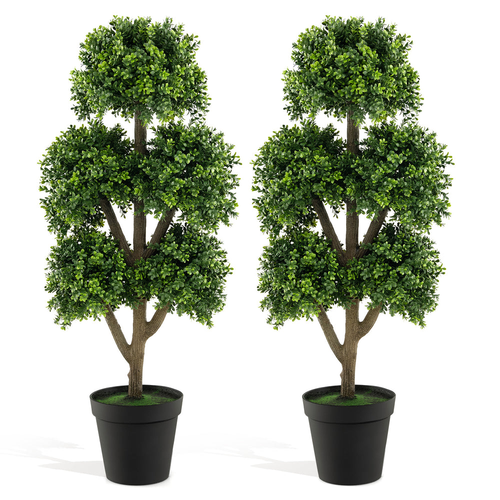 Lush 45-inch artificial boxwood topiary ball tree with a solid trunk and vibrant faux grass, perfect for home decor.