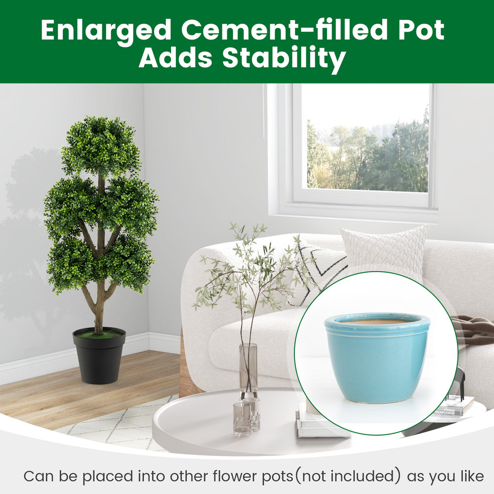 45-inch artificial boxwood topiary ball tree with cement-filled pot for stability, ideal for home or office decor.