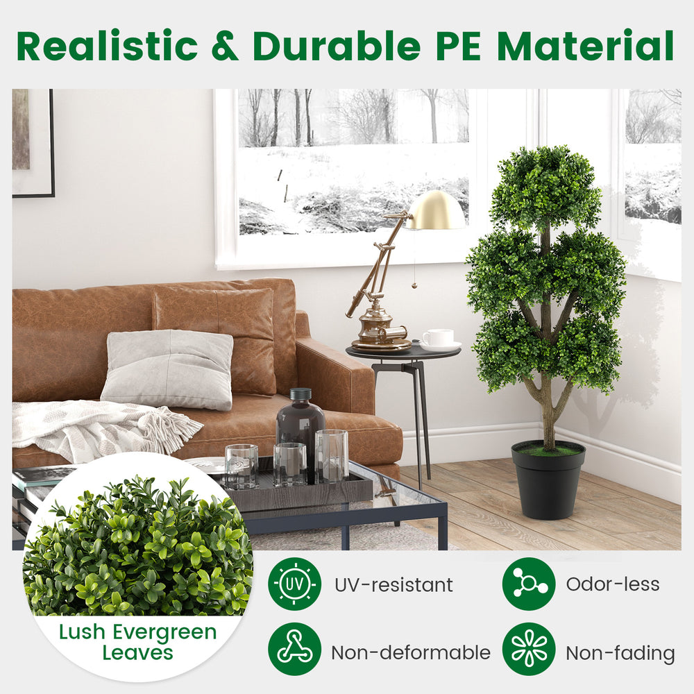 45-inch artificial boxwood topiary ball tree with lush PE leaves and a stable cement-filled base for indoor or outdoor.