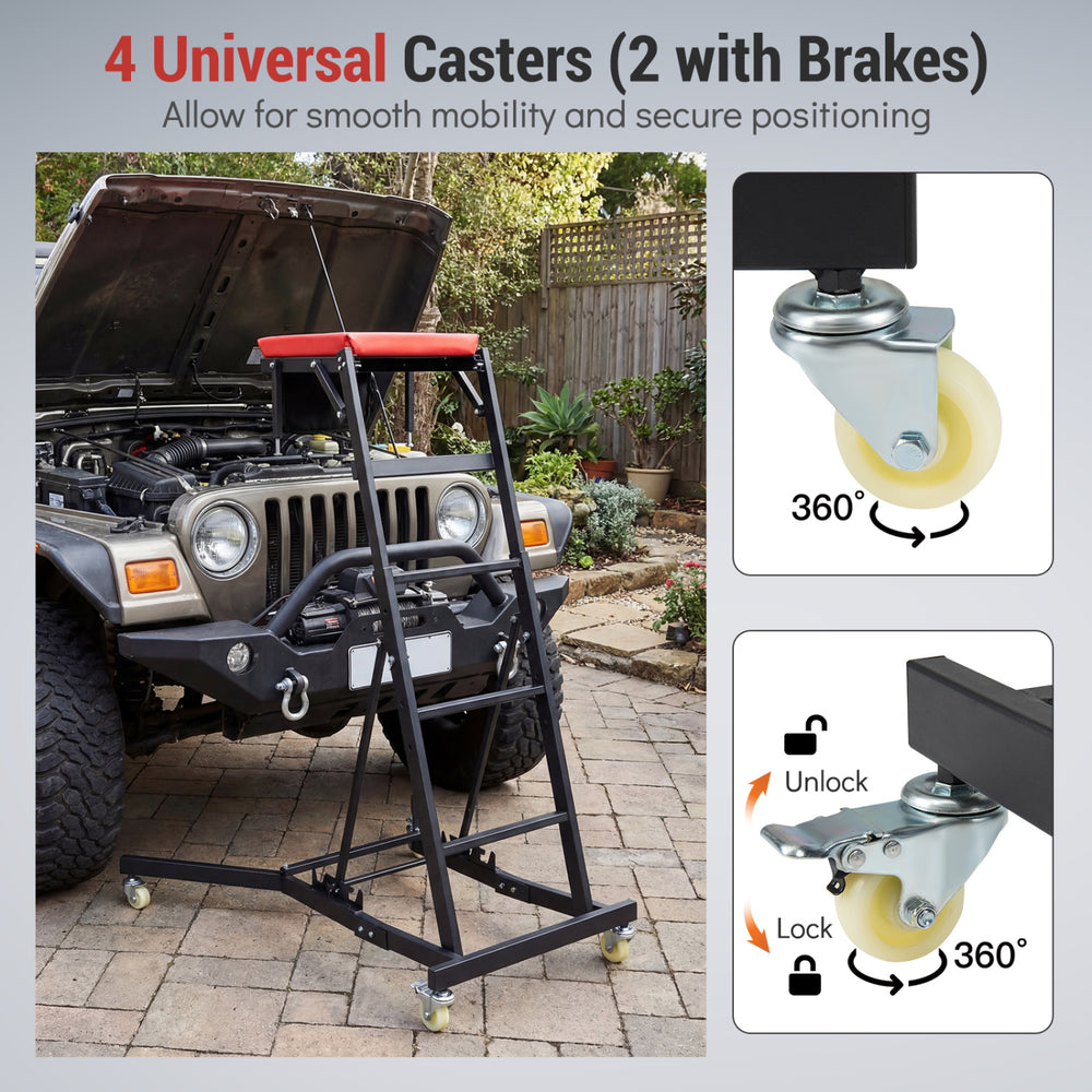 Topside automotive engine creeper with 400 lbs capacity, featuring 4 universal casters for smooth mobility and secure.