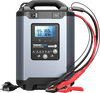 Tornado90000 battery charger with LCD display showing voltage and amperage readings, red and black charging cables, and power