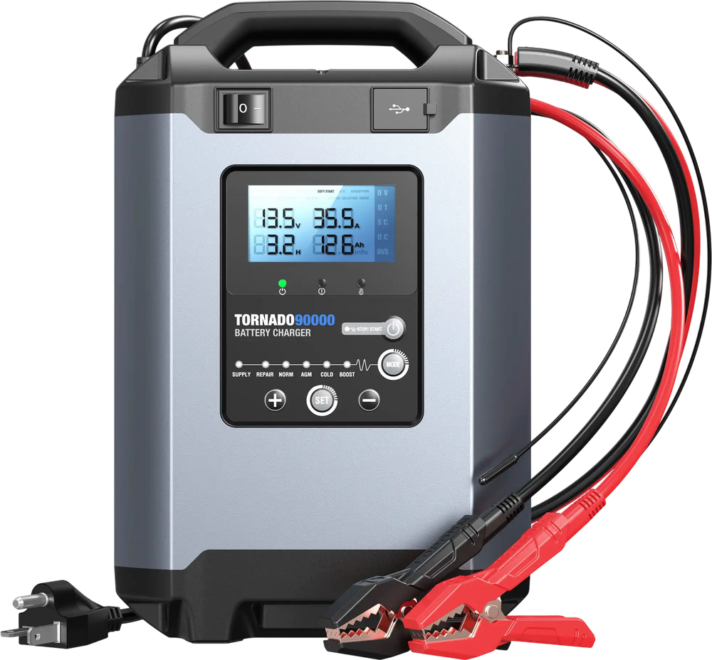 Tornado90000 battery charger with LCD display showing voltage and amperage readings, red and black charging cables, and power