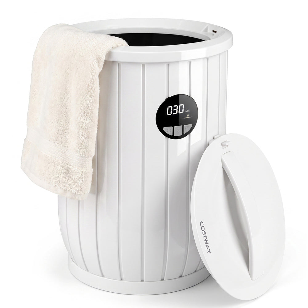 Heated towel warmer bucket with 5Gal capacity, adjustable timer, and fragrance tray for a customized warming experience.