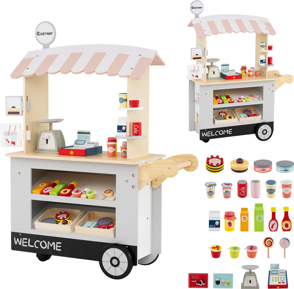 Toy cart play set with POS machine, scale, and 30 accessories for kids, designed for fun and easy mobility.