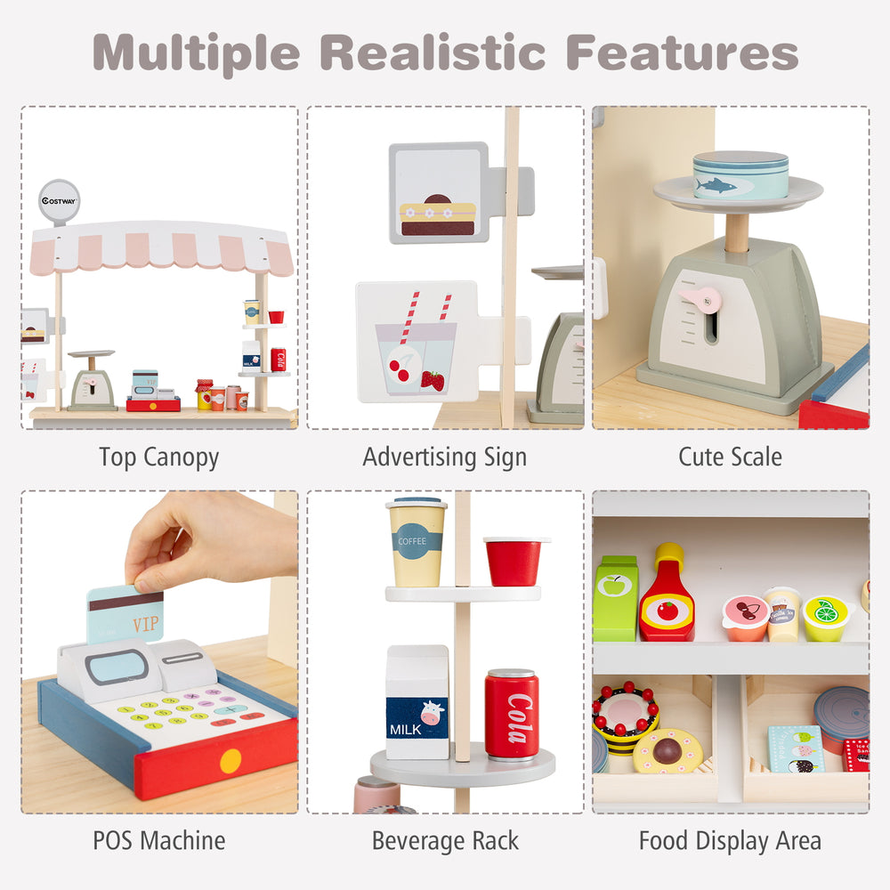 Toy cart play set featuring a POS machine, cute scale, and multiple accessories for imaginative play and storage.