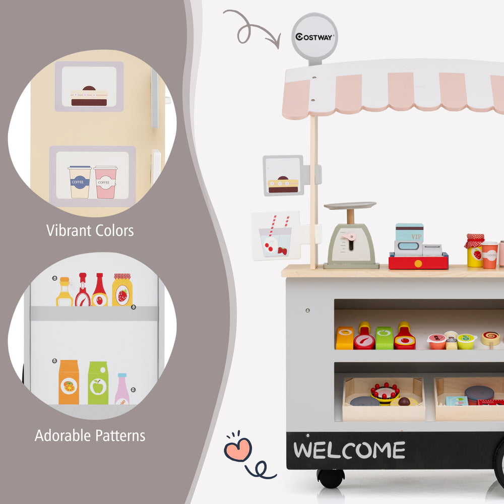 Toy cart play set in grey with POS machine, vibrant colors, and adorable patterns for kids aged 3 and up.