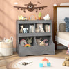 Gray toy storage organizer with 4 cubbies, perfect for kids' books and toys, designed for safety and easy access.