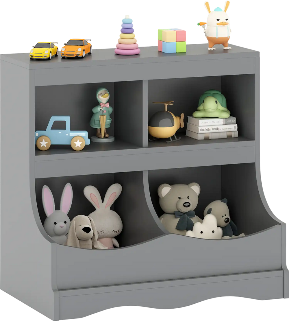 Gray toy storage organizer with 4 cubbies, perfect for kids' books and toys, ideal for playrooms and bedrooms.