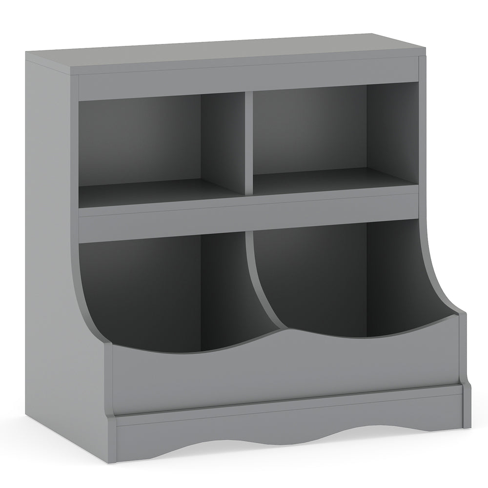 Gray toy storage organizer with 4 cubbies, designed for kids' rooms, playrooms, and bedrooms, featuring smooth edges.