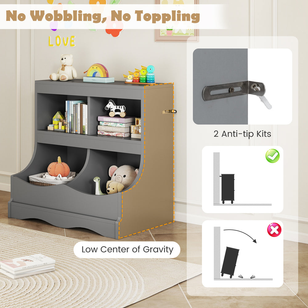 Toy storage organizer with 4 cubbies in gray, designed for kids' rooms, featuring anti-tip kits and rounded edges for.