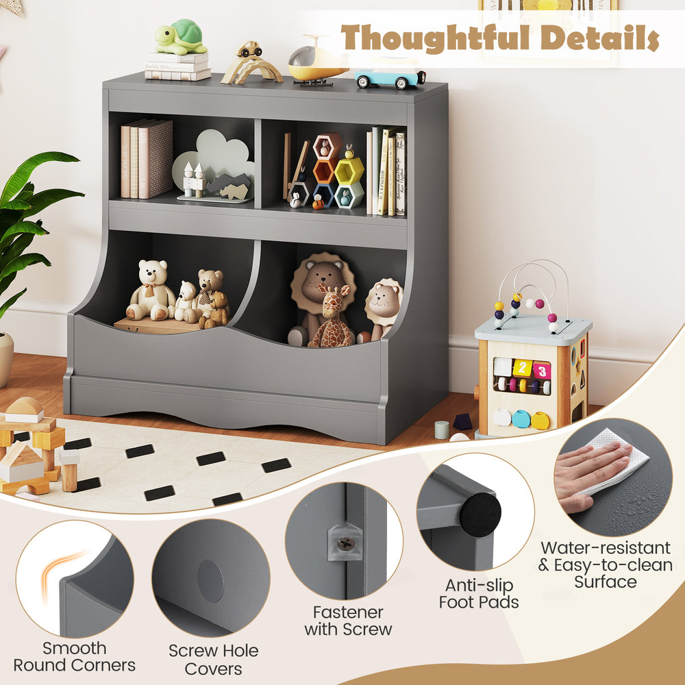 Gray toy storage organizer featuring 4 cubbies, smooth rounded edges, and anti-slip foot pads for kids' rooms or.