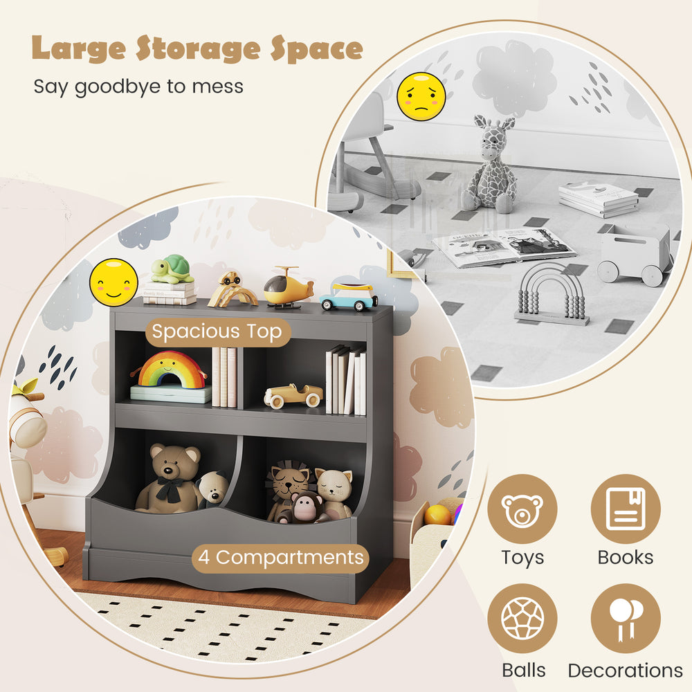 Gray toy storage organizer with 4 cubbies and spacious top for kids' books and toys, perfect for playrooms or bedrooms.