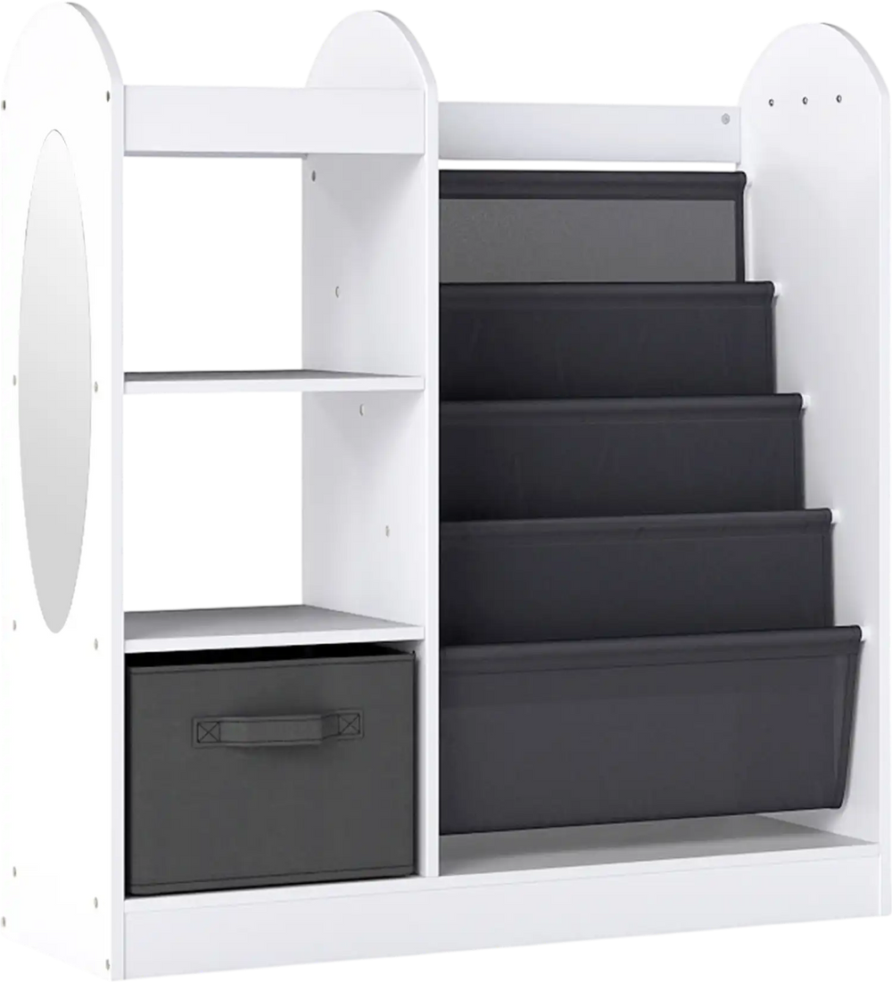 Toy storage organizer in white with 4-tier sling shelves, mirror, and fabric drawer for kids' play area organization.