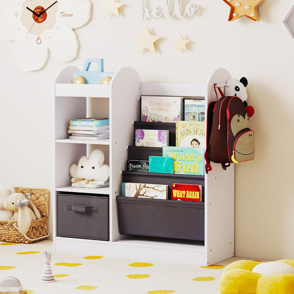 Toy storage organizer with 4-tier sling shelves in white, featuring a large drawer and hooks for kids' accessories.