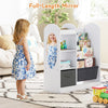 Toy storage organizer with full-length mirror, 4-tier sling shelves, and sturdy MDF for kids' playroom organization.