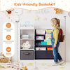 Kids-friendly bookshelf with 4-tier sling shelves, white MDF, and pine wood, designed for easy access and organization.