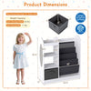 Toy storage organizer with 4-tier sling shelves, white finish, includes a full-length mirror and removable fabric.