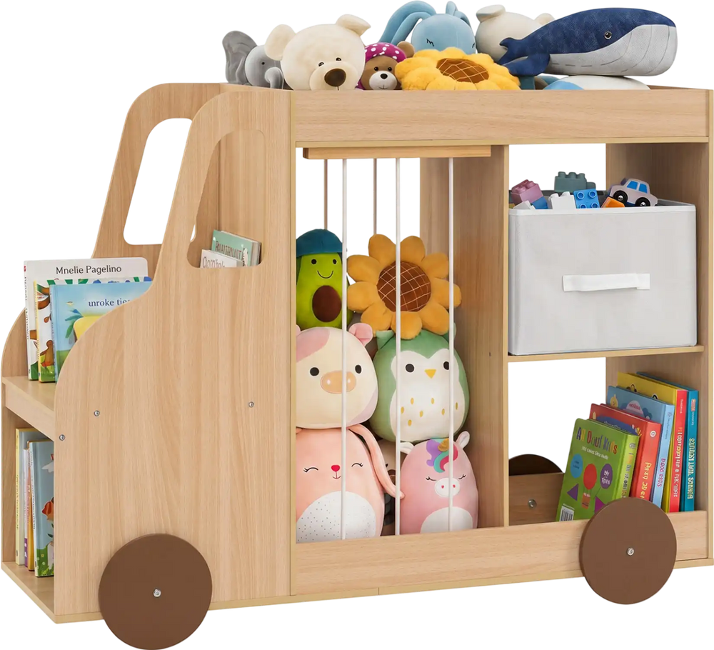 Toy storage organizer in car shape with open shelves, fabric drawer, and wheels for easy mobility in playroom or.