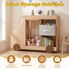 Toy storage organizer in car shape with open shelves, fabric drawer, and wheels, ideal for playrooms and nurseries.