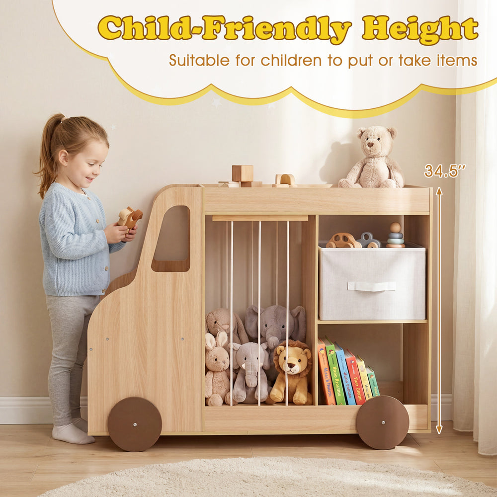 Toy storage organizer in car shape with fabric drawer, ideal height for kids, perfect for playroom or nursery use.