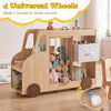 Toy storage organizer in car shape with universal wheels, fabric drawer, and open shelves for easy access to toys and.