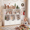 Toy storage organizer in white and pink with 3 movable drawers and 5 open cubbies, perfect for kids' playrooms or nurseries.