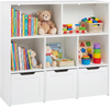 Toy storage organizer in white with 5 open cubbies and 3 movable drawers, ideal for playrooms and nurseries.