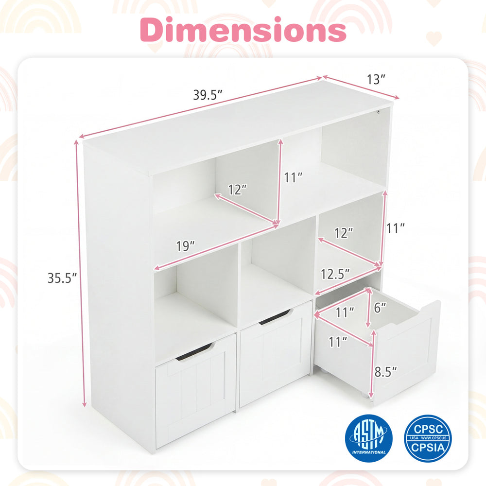 Toy storage organizer in white and pink features 5 open cubbies and 3 movable drawers, ideal for kids' rooms or playrooms.