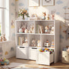 Toy storage organizer in white and pink features 5 open cubbies and 3 movable drawers, ideal for kids' playrooms or nurseries.