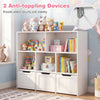 Toy storage organizer in white and pink features 5 open cubbies and 3 movable drawers, ideal for kids' playrooms.