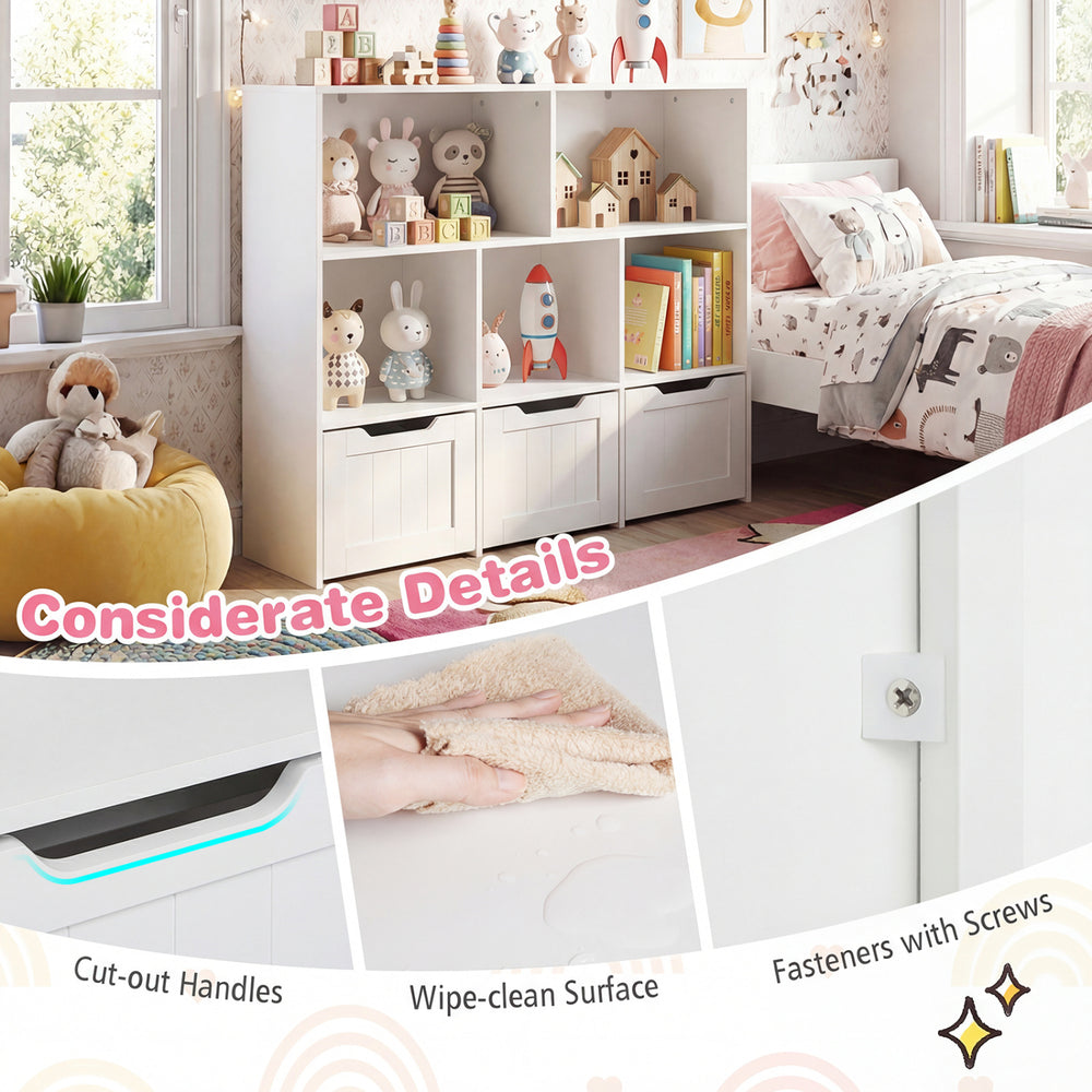 Toy storage organizer in white and pink features 5 open cubbies and 3 movable drawers for easy access and organization.