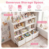 Toy storage organizer in white and pink featuring 5 open cubbies and 3 movable drawers for kids' rooms and playrooms.
