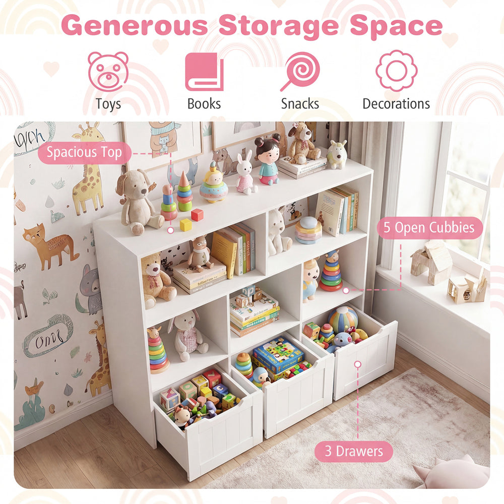 Toy storage organizer in white and pink featuring 5 open cubbies and 3 movable drawers for kids' rooms and playrooms.