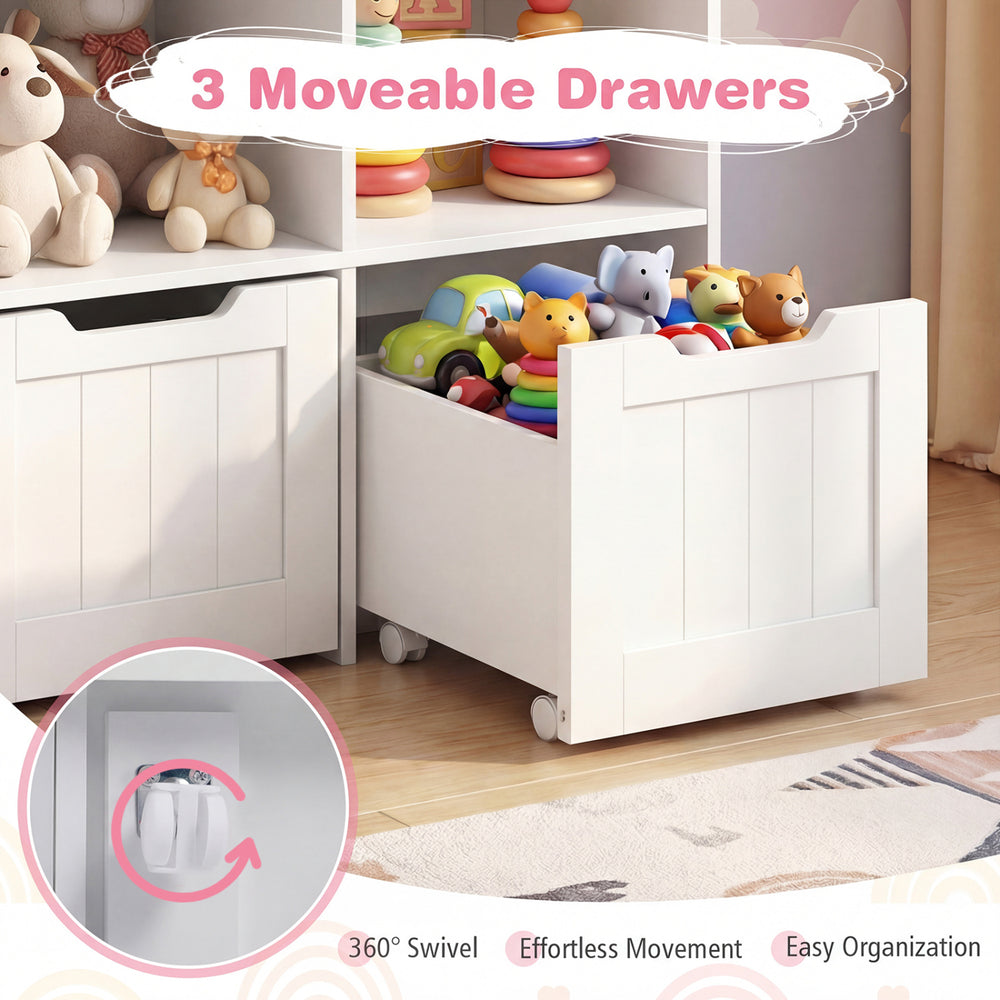Toy storage organizer features 3 movable drawers on wheels and 5 open cubbies for easy organization in playrooms.