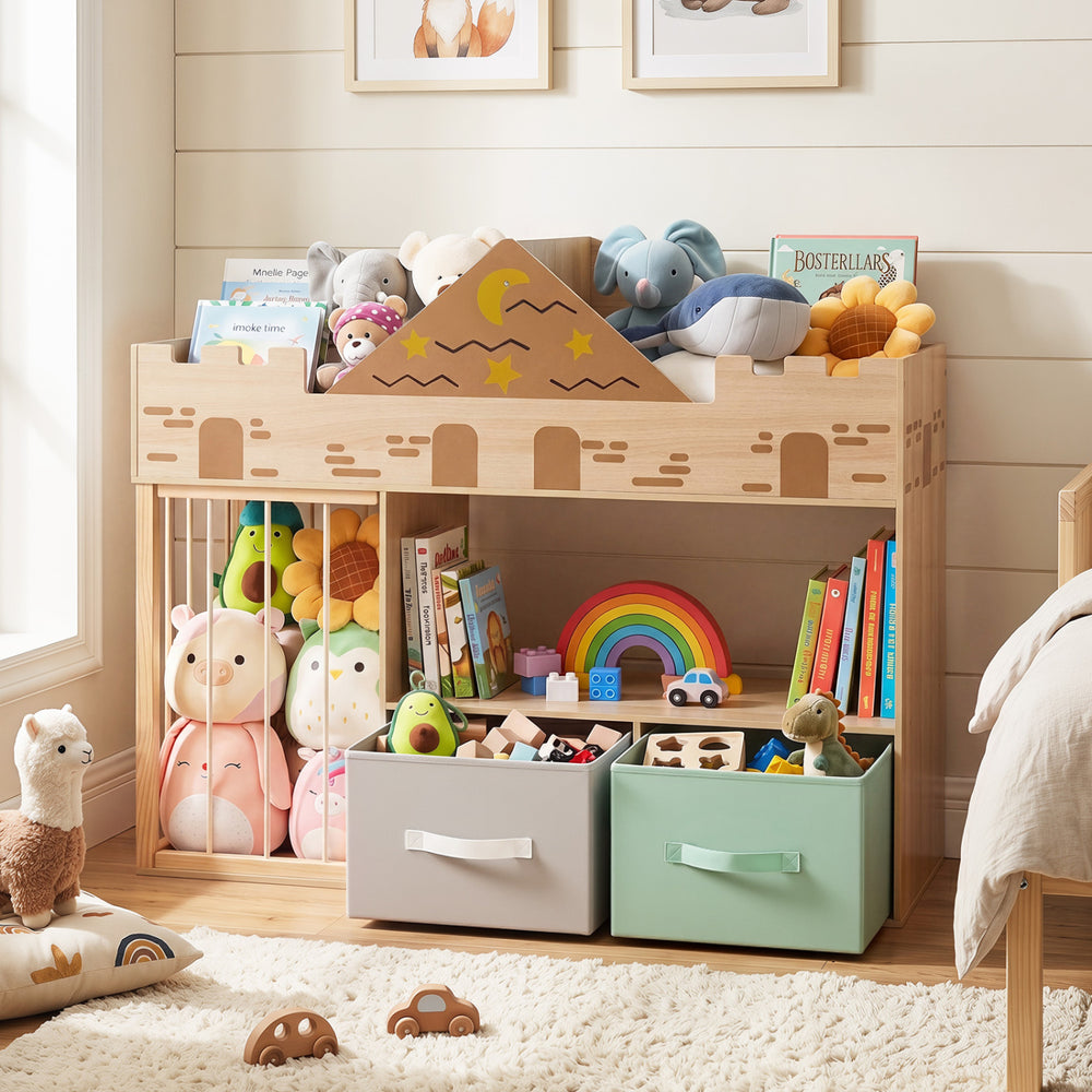 Toy storage organizer in natural wood features open shelves and elastic rope storage for plush toys, perfect for playrooms.