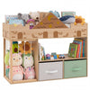Toy storage organizer in natural wood with open shelves, elastic rope for plush toys, and fabric drawers for flexible organization.